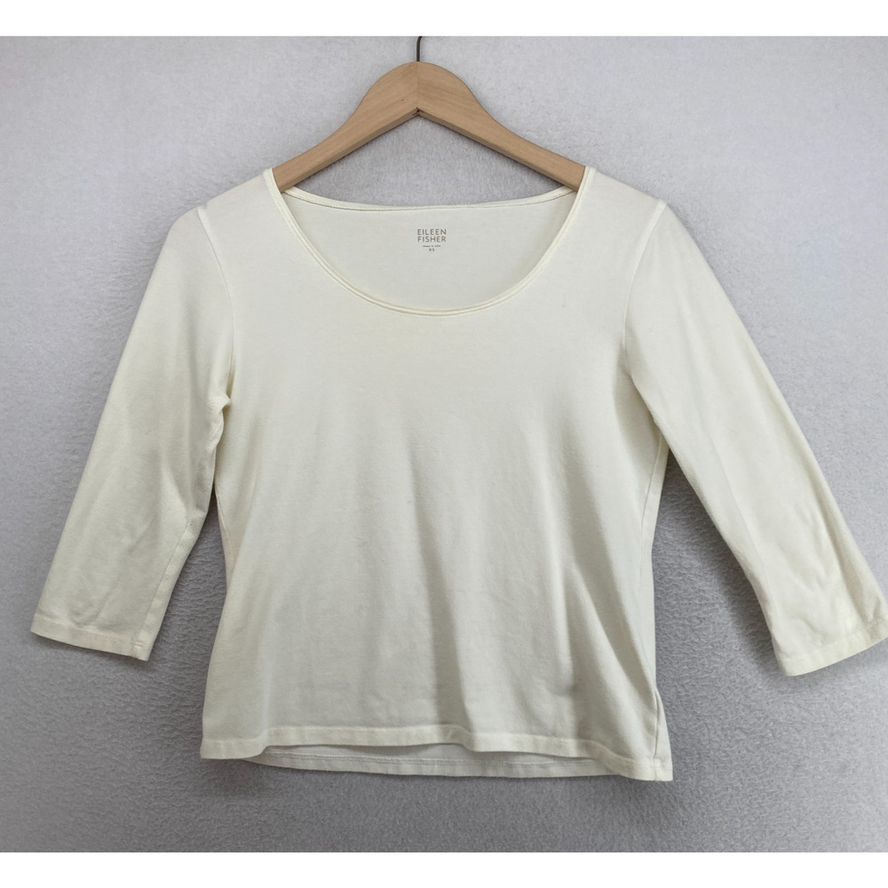 EILEEN FISHER Top XS Stretch Organic Cotton Jersey 3/4 Sleeve Off White USA